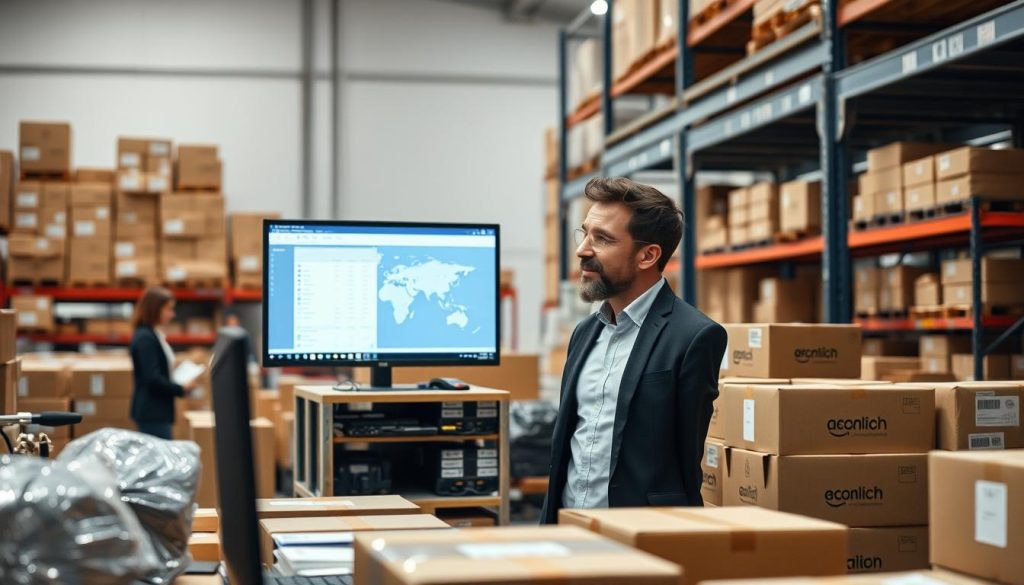 Import/export business owner reviewing Spanish products for international shipping, representing trade business opportunities