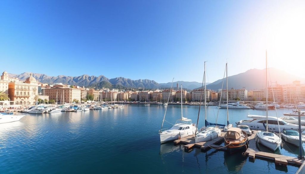 Málaga harbor and city view, representing business opportunities on Costa del Sol