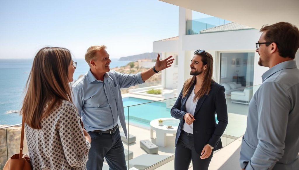 Real estate agent showing Spanish property to international clients, representing real estate business opportunities
