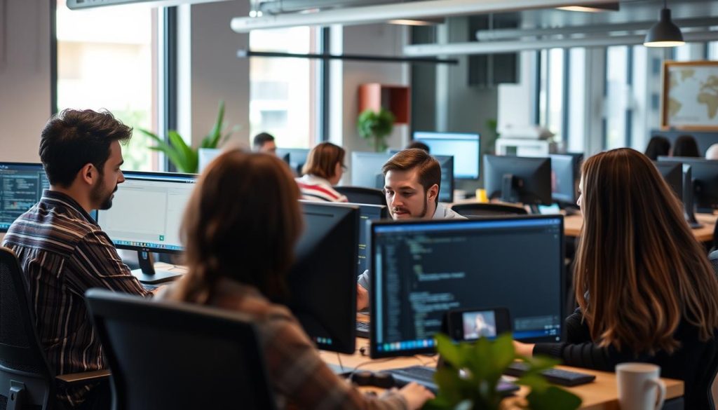 Tech startup team working in a co-working space in Barcelona, representing technology business opportunities in Spain