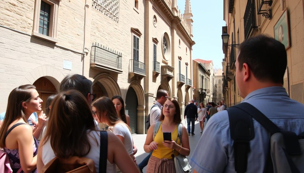 Tourists enjoying a guided tour in Barcelona, representing tourism business opportunities in Spain for foreigners