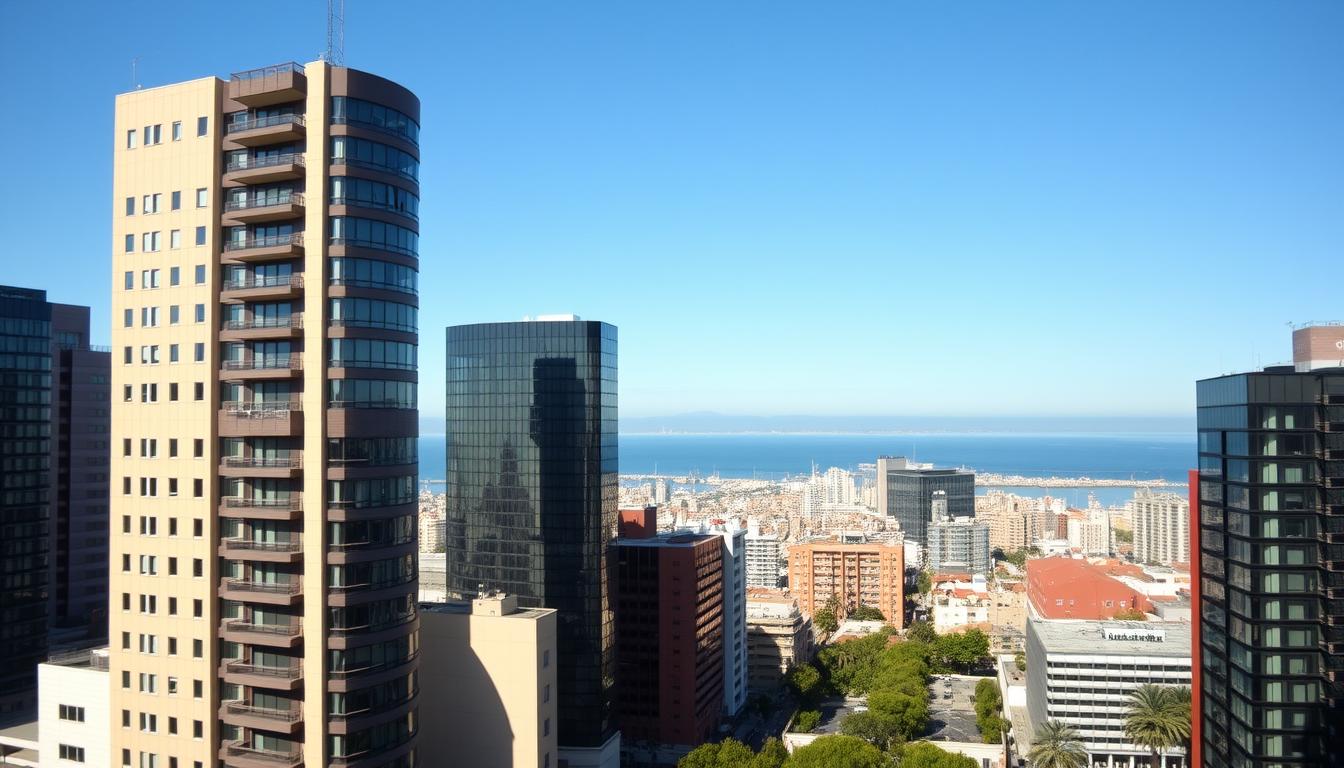 Barcelona business district skyline showing modern office buildings and Mediterranean coastline