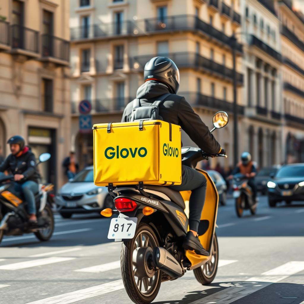 Glovo food delivery service in action on a Barcelona street Glovo food delivery service in action on a Barcelona street