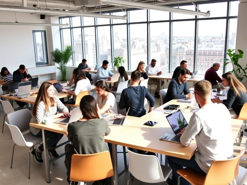 Modern coworking space in Madrid with diverse entrepreneurs working together Modern coworking space in Madrid with diverse entrepreneurs working together