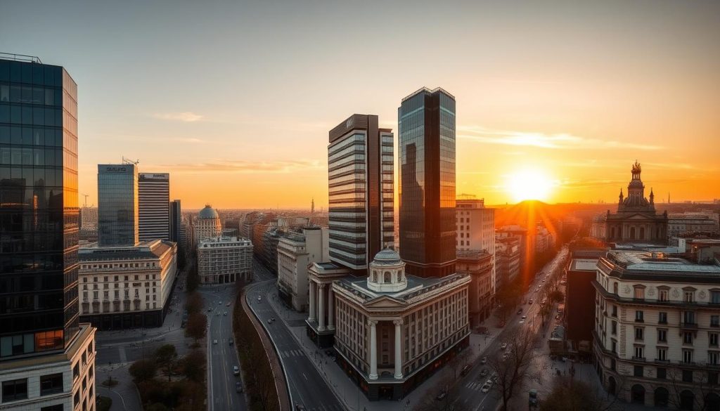 Panoramic view of Madrid's business district at sunset Panoramic view of Madrid's business district at sunset