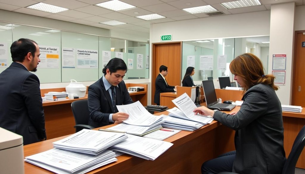 Person navigating paperwork at a Spanish administrative office Person navigating paperwork at a Spanish administrative office